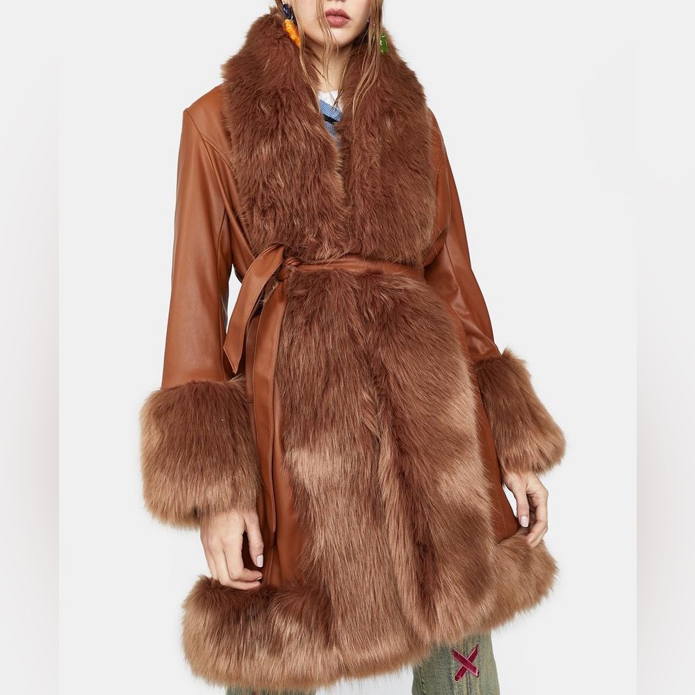 Luxurious Brown Faux Fur Trimmed Coat